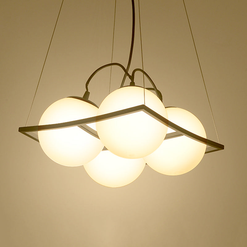 Globe Living Room Ceiling Chandelier Traditional Frosted Glass 4/9 Lights White Hanging Fixture with Square Frame Clearhalo 'Ceiling Lights' 'Chandeliers' Lighting' options 248432