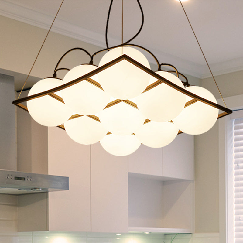 Globe Living Room Ceiling Chandelier Traditional Frosted Glass 4/9 Lights White Hanging Fixture with Square Frame Clearhalo 'Ceiling Lights' 'Chandeliers' Lighting' options 248435