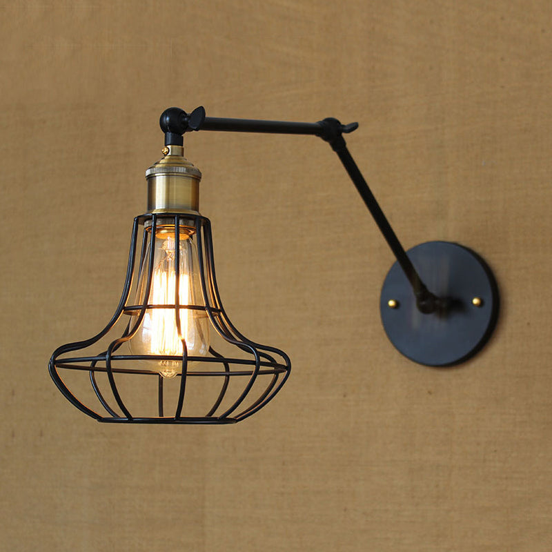 Black Globe/Teardrop Wall Sconce Lighting with Cage Shade Retro Metal 1 Light Arm Adjustable Wall Mount Light Clearhalo 'Art deco wall lights' 'Cast Iron' 'Glass' 'Industrial wall lights' 'Industrial' 'Middle century wall lights' 'Modern' 'Rustic wall lights' 'Tiffany' 'Traditional wall lights' 'Wall Lamps & Sconces' 'Wall Lights' Lighting' 248451