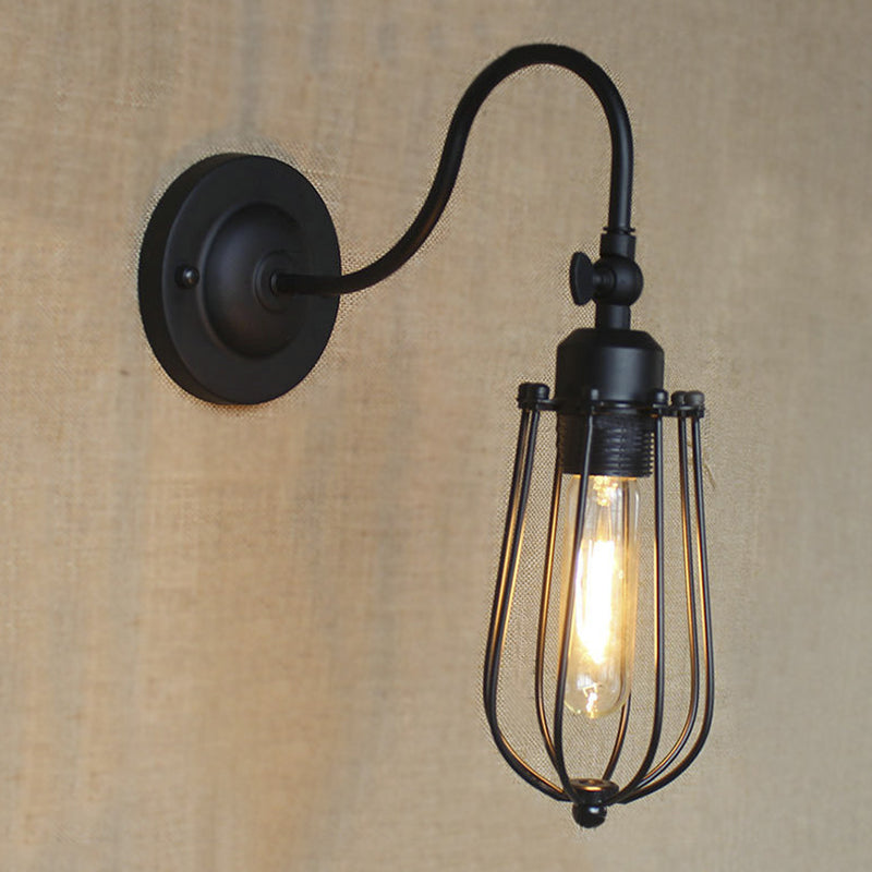 Black Globe/Oval Cage Wall Mount Light with Gooseneck Arm Retro Style Metallic 1 Head Bedroom Mini Wall Lamp Clearhalo 'Art deco wall lights' 'Cast Iron' 'Glass' 'Industrial wall lights' 'Industrial' 'Middle century wall lights' 'Modern' 'Rustic wall lights' 'Tiffany' 'Traditional wall lights' 'Wall Lamps & Sconces' 'Wall Lights' Lighting' 248500