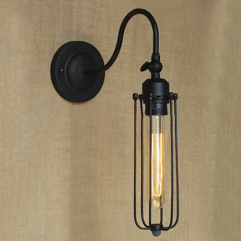 Black Globe/Oval Cage Wall Mount Light with Gooseneck Arm Retro Style Metallic 1 Head Bedroom Mini Wall Lamp Clearhalo 'Art deco wall lights' 'Cast Iron' 'Glass' 'Industrial wall lights' 'Industrial' 'Middle century wall lights' 'Modern' 'Rustic wall lights' 'Tiffany' 'Traditional wall lights' 'Wall Lamps & Sconces' 'Wall Lights' Lighting' 248509