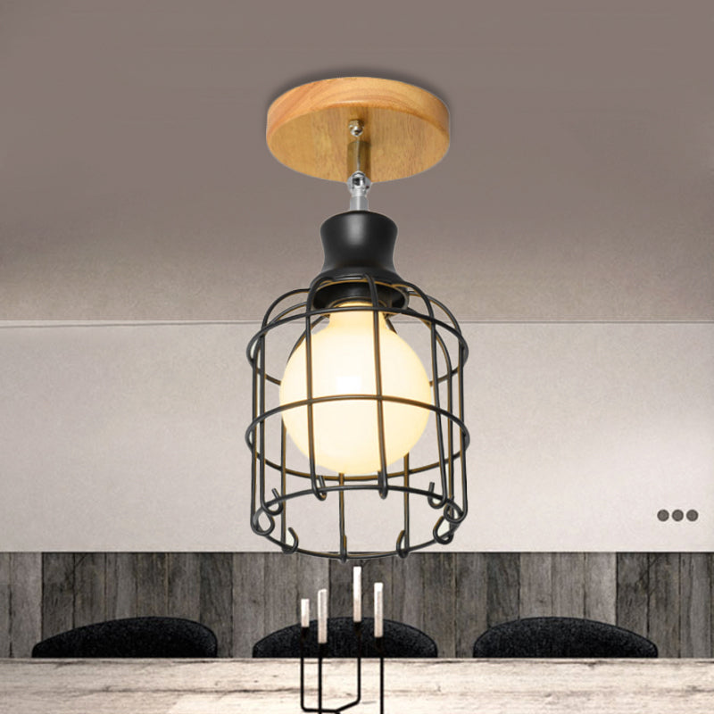 1 Bulb Wire Cage Semi-Flush Ceiling Fixture Industrial Loft Black Metallic Rotatable Ceiling Mounted Fixture, 4"/5.5" Dia Clearhalo 'Ceiling Lights' 'Close To Ceiling Lights' 'Close to ceiling' 'Semi-flushmount' Lighting' 248568