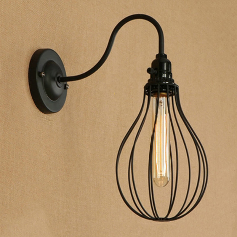 Metallic Oval/Teardrop/Bulb Wall Lighting with Wire Guard Industrial 1 Light Balcony Wall Mounted Lamp in Black Clearhalo 'Art deco wall lights' 'Cast Iron' 'Glass' 'Industrial wall lights' 'Industrial' 'Middle century wall lights' 'Modern' 'Rustic wall lights' 'Tiffany' 'Traditional wall lights' 'Wall Lamps & Sconces' 'Wall Lights' Lighting' 248604