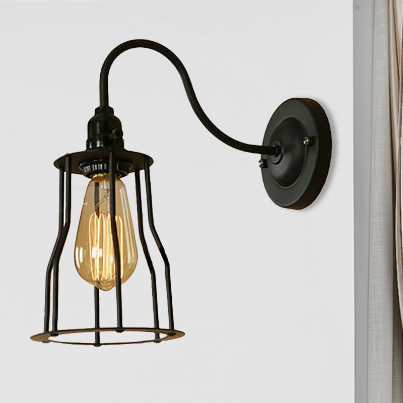 Gooseneck Arm Iron Wall Light Fixture with Cone/Cylinder/Barn Cage Shade Industrial 1 Head Living Room Wall Mount Light in Black Clearhalo 'Art deco wall lights' 'Cast Iron' 'Glass' 'Industrial wall lights' 'Industrial' 'Middle century wall lights' 'Modern' 'Rustic wall lights' 'Tiffany' 'Traditional wall lights' 'Wall Lamps & Sconces' 'Wall Lights' Lighting' 248628