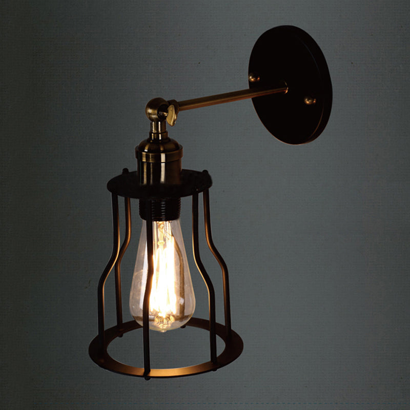 1 Bulb Iron Wall Sconce Lighting Farmhouse Brass/Aged Brass Cage Shade Dining Room Adjustable Wall Lighting Clearhalo 'Art deco wall lights' 'Cast Iron' 'Glass' 'Industrial wall lights' 'Industrial' 'Middle century wall lights' 'Modern' 'Rustic wall lights' 'Tiffany' 'Traditional wall lights' 'Wall Lamps & Sconces' 'Wall Lights' Lighting' 248669