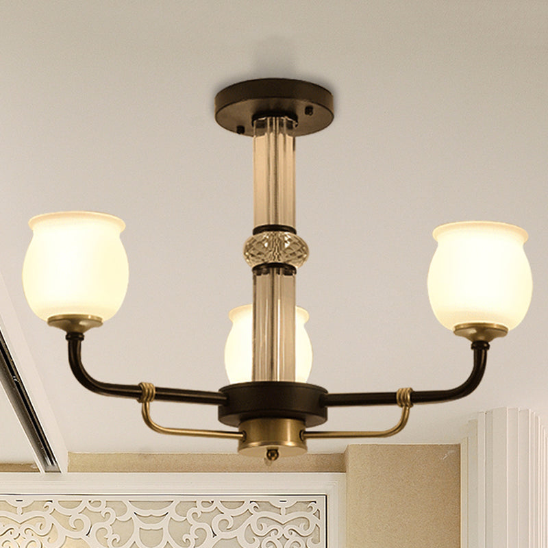 Jar Shaped White Glass Semi Flush Traditional 3/6 Lights Living Room Ceiling Light Fixture in Black 3 White Clearhalo 'Ceiling Lights' 'Close To Ceiling Lights' 'Close to ceiling' 'Glass shade' 'Glass' 'Semi-flushmount' Lighting' 248810