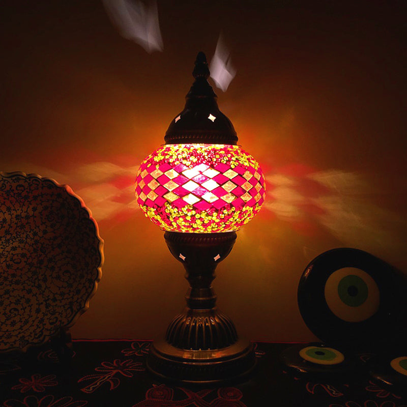 1 Bulb Coffee House Table Light Traditional Aged Brass Desk Lamp with Ball Red/Blue/Lake Blue Glass Shade Ginger E Clearhalo 'Lamps' 'Table Lamps' Lighting' 248953