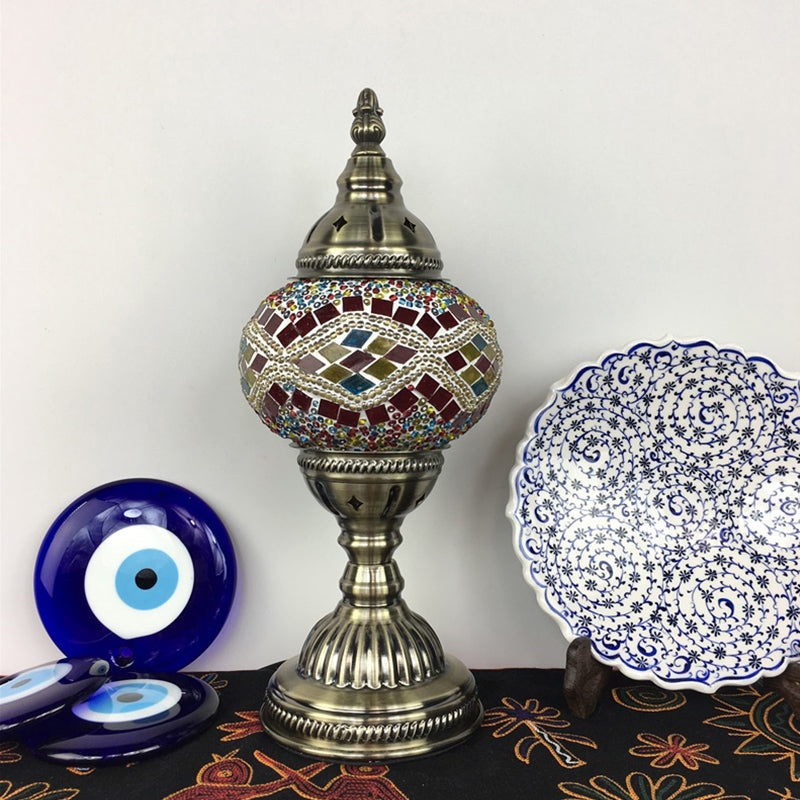 1 Bulb Coffee House Table Light Traditional Aged Brass Desk Lamp with Ball Red/Blue/Lake Blue Glass Shade Clearhalo 'Lamps' 'Table Lamps' Lighting' 248957