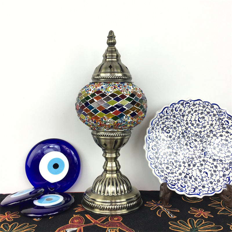 1 Bulb Coffee House Table Light Traditional Aged Brass Desk Lamp with Ball Red/Blue/Lake Blue Glass Shade Blue F Clearhalo 'Lamps' 'Table Lamps' Lighting' 248960