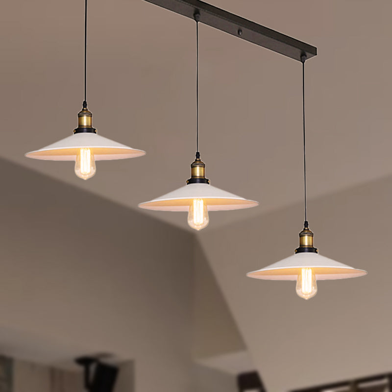 Industrial Saucer Hanging Ceiling Light 3 Lights Metal Pendant Lighting with Linear/Round Canopy in White White Linear Clearhalo 'Art Deco Pendants' 'Cast Iron' 'Ceiling Lights' 'Ceramic' 'Crystal' 'Industrial Pendants' 'Industrial' 'Metal' 'Middle Century Pendants' 'Pendant Lights' 'Pendants' 'Tiffany' Lighting' 249081