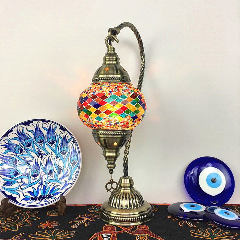 1 Bulb Gooseneck Nightstand Lamp Tradition Metal Task Lighting in Brass with Global Red/Light Blue/Orange-Yellow Glass Shade Orange-Yellow Clearhalo 'Lamps' 'Table Lamps' Lighting' 249372