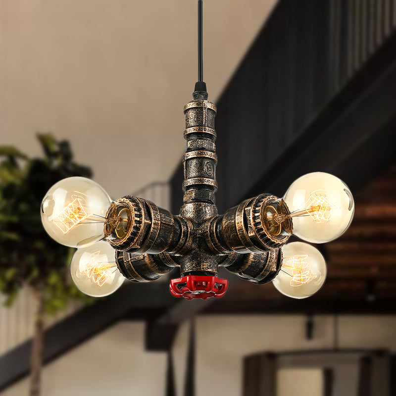 Water Pipe Restaurant Hanging Light Rustic Style Wrought Iron 4-Light Antique Brass Chandelier Pendant Light Antique Brass Clearhalo 'Cast Iron' 'Ceiling Lights' 'Chandeliers' 'Industrial Chandeliers' 'Industrial' 'Metal' 'Middle Century Chandeliers' 'Rustic Chandeliers' 'Tiffany' Lighting' 249613