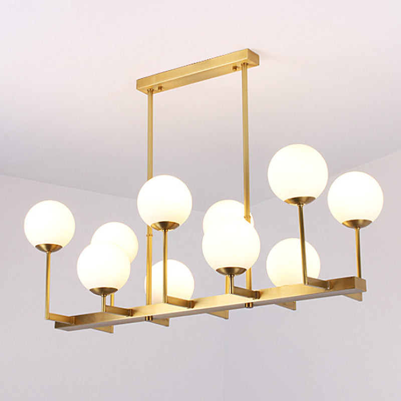Opal Glass Globe Island Pendant Light Traditional 10 Lights Dining Room Hanging Lamp in Brass Clearhalo 'Ceiling Lights' 'Glass shade' 'Glass' 'Island Lights' Lighting' 249822