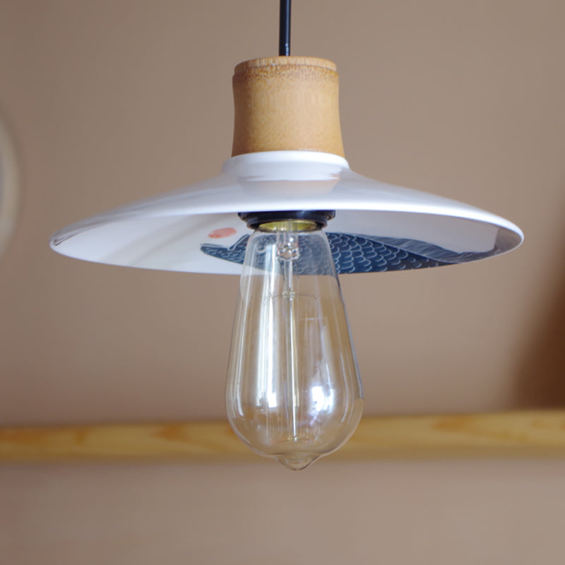 Ceramic and Wood White Pendant Lamp Saucer 1 Light Contemporary Style Hanging Light with Fish Pattern, 8.5"/10.5" W Clearhalo 'Art Deco Pendants' 'Cast Iron' 'Ceiling Lights' 'Ceramic' 'Crystal' 'Industrial Pendants' 'Industrial' 'Metal' 'Middle Century Pendants' 'Pendant Lights' 'Pendants' 'Tiffany' Lighting' 249925