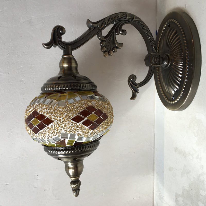 Curved Arm Sconce Light Traditionary Metal 1 Head Bronze Wall Mounted Lamp with Ball Yellow/Green Glass Shade for Balcony Yellow Clearhalo 'Wall Lamps & Sconces' 'Wall Lights' Lighting' 250206