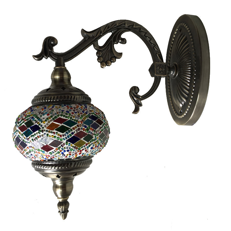 Curved Arm Sconce Light Traditionary Metal 1 Head Bronze Wall Mounted Lamp with Ball Yellow/Green Glass Shade for Balcony Clearhalo 'Wall Lamps & Sconces' 'Wall Lights' Lighting' 250214