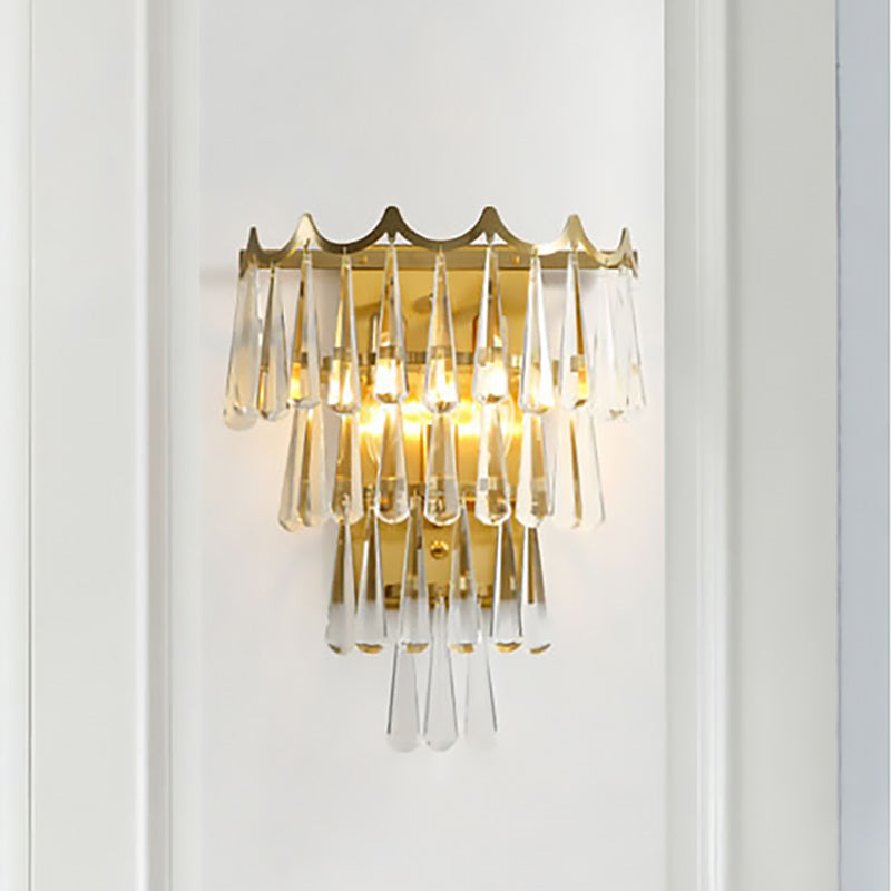 Metal Layered Wall Lighting Fixture Modern Style 2 Lights Golden Wall Lamp with Clear Crystal Teardrop Shade Gold Clearhalo 'Modern wall lights' 'Modern' 'Wall Lamps & Sconces' 'Wall Lights' Lighting' 250288