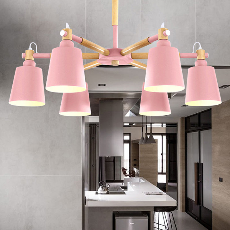 Baby Bedroom Bucket Chandelier Metal Wood 6 Lights Macaron Loft Suspension Light Pink Clearhalo 'Ceiling Lights' 'Chandeliers' Lighting' options 250431_7f24332d-fae7-43d3-8d1b-05f3f6517d3b