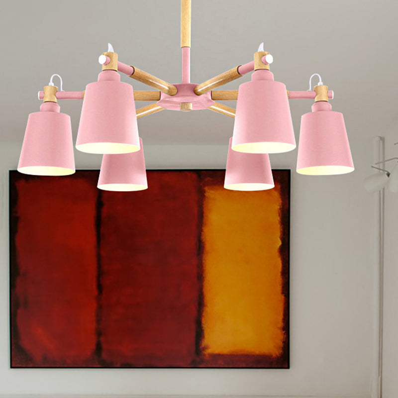 Baby Bedroom Bucket Chandelier Metal Wood 6 Lights Macaron Loft Suspension Light Clearhalo 'Ceiling Lights' 'Chandeliers' Lighting' options 250432