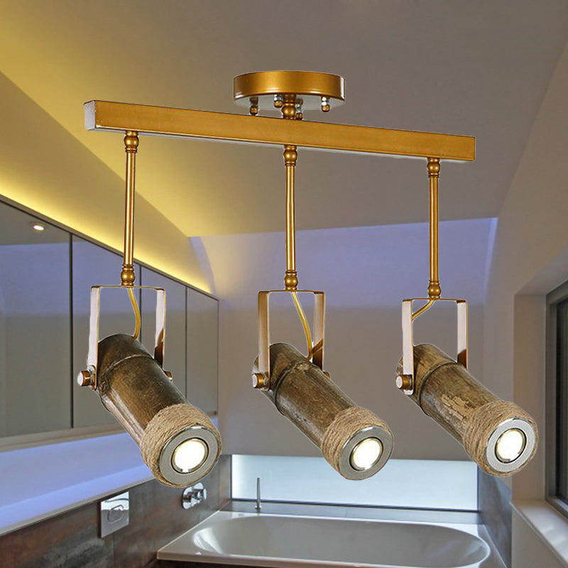 1/2/3-Light Tube Semi Flush Light Lodge Stylish Wood Metal and Bamboo Adjustable Ceiling Fixture for Restaurant 3 Wood Clearhalo 'Ceiling Lights' 'Close To Ceiling Lights' 'Close to ceiling' 'Semi-flushmount' Lighting' 250589