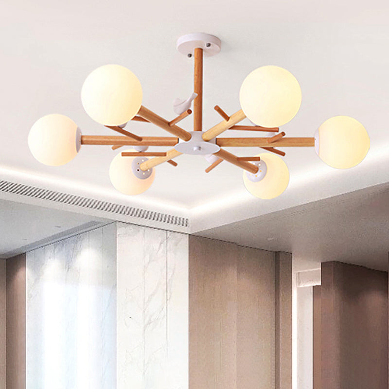 White Globe Shade Chandelier Rustic Style Wood Pendant Light with Bird for Dining Room Clearhalo 'Ceiling Lights' 'Chandeliers' Lighting' options 250996