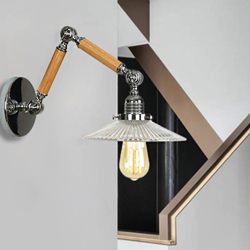 One Bulb Wall Light Saucer Shade Ribbed Glass Vintage Study Room Sconce Lighting Fixture with 8"+8"/6"+6"/8"+4" Extendable Wooden Arm Clearhalo 'Cast Iron' 'Glass' 'Industrial wall lights' 'Industrial' 'Middle century wall lights' 'Modern' 'Tiffany' 'Traditional wall lights' 'Wall Lamps & Sconces' 'Wall Lights' Lighting' 251100