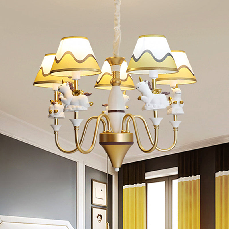 Bedroom Tapered Shade Hanging Lights Metal 5 Lights Cartoon Unicorn Chandelier in Blue/Gold/Pink Clearhalo 'Ceiling Lights' 'Chandeliers' Lighting' options 252081