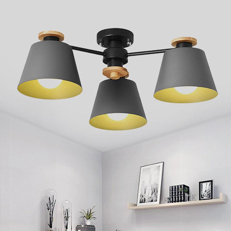 Metal Bucket Semi Flush Ceiling Light Adult Bedroom Three Bulbs Macaron Ceiling Fixture Clearhalo 'Ceiling Lights' 'Chandeliers' Lighting' options 252329
