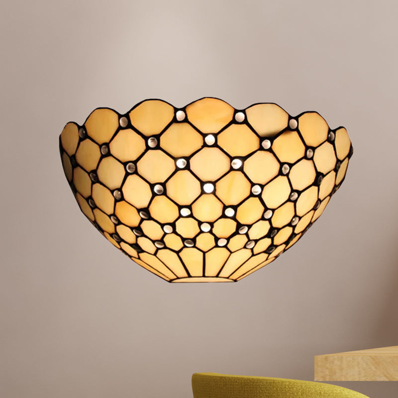 Tiffany Wall Mount Light with Stained Glass Shade Indoor Wall Sconce Light for Living Room Beige Semicircle Clearhalo 'Industrial' 'Middle century wall lights' 'Tiffany wall lights' 'Tiffany' 'Wall Lamps & Sconces' 'Wall Lights' Lighting' 252526