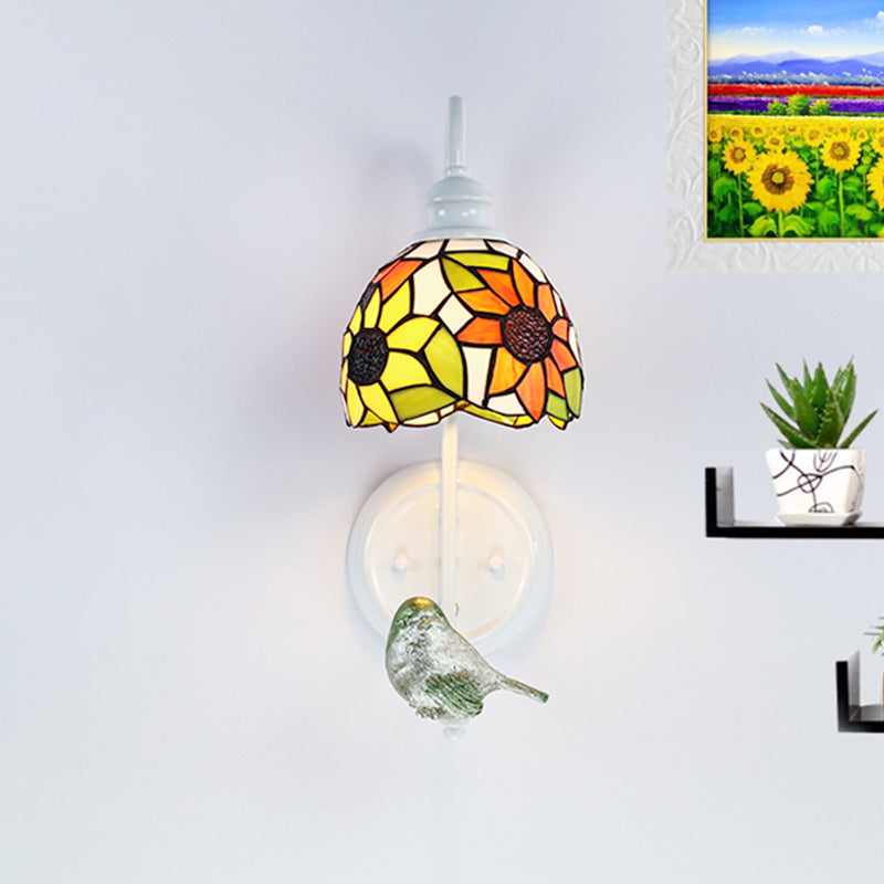1 Head Sconce Light Tiffany Dome/House Stained Glass Wall Light Fixture in White with Square/Sunflower/Diamond Pattern White Sunflower Clearhalo 'Industrial' 'Middle century wall lights' 'Tiffany wall lights' 'Tiffany' 'Wall Lamps & Sconces' 'Wall Lights' Lighting' 252733