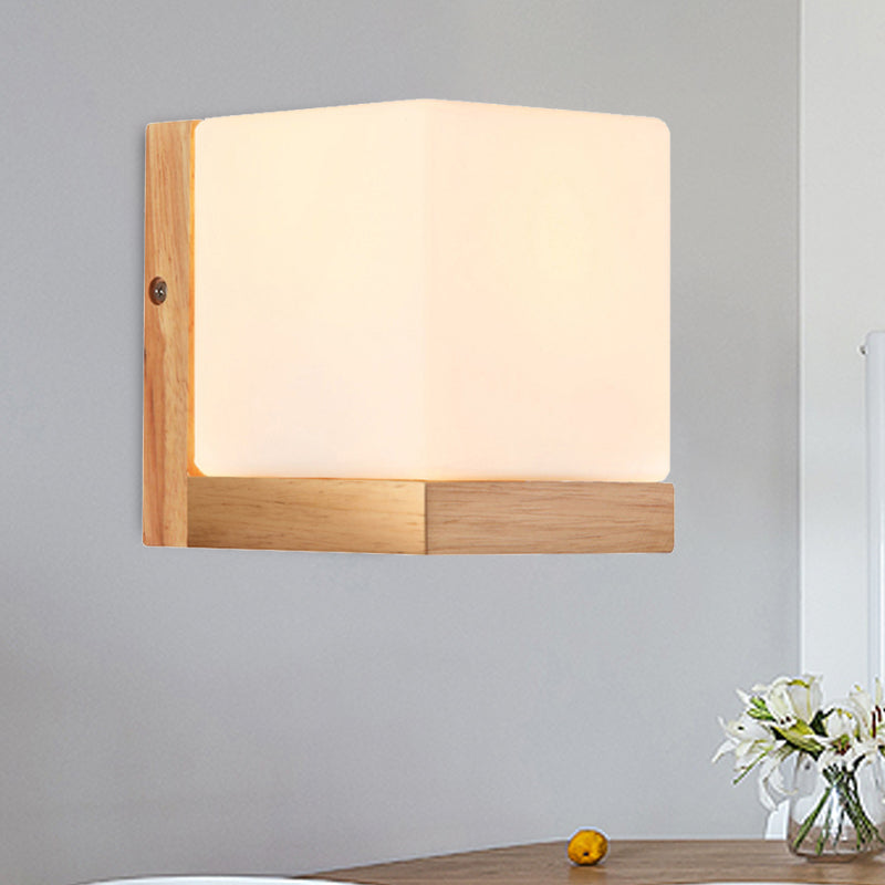 Hotel Restaurant Cube Wall Lamp Opal Glass Wood 1 Light Japanese Style White Wall Lamp Wood Clearhalo 'Modern wall lights' 'Modern' 'Wall Lamps & Sconces' 'Wall Lights' Lighting' 252975