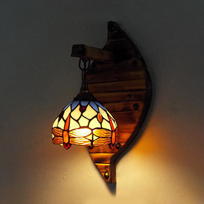 Vintage Domed Wall Light Stained Glass 1 Light Hanging Wall Sconce with Dragonfly Pattern in Purple/Blue Blue Clearhalo 'Industrial' 'Middle century wall lights' 'Tiffany wall lights' 'Tiffany' 'Wall Lamps & Sconces' 'Wall Lights' Lighting' 25308