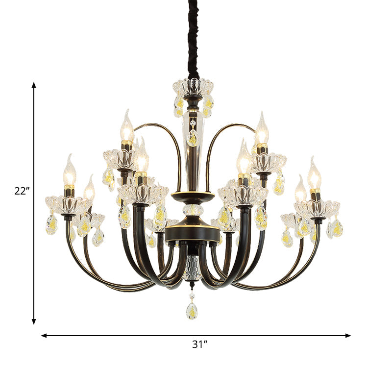 Black Candle Chandelier Lamp Rustic Metal 12/15 Lights Living Room Hanging Light Kit with Crystal Accent Clearhalo 'Ceiling Lights' 'Chandeliers' Lighting' options 253200