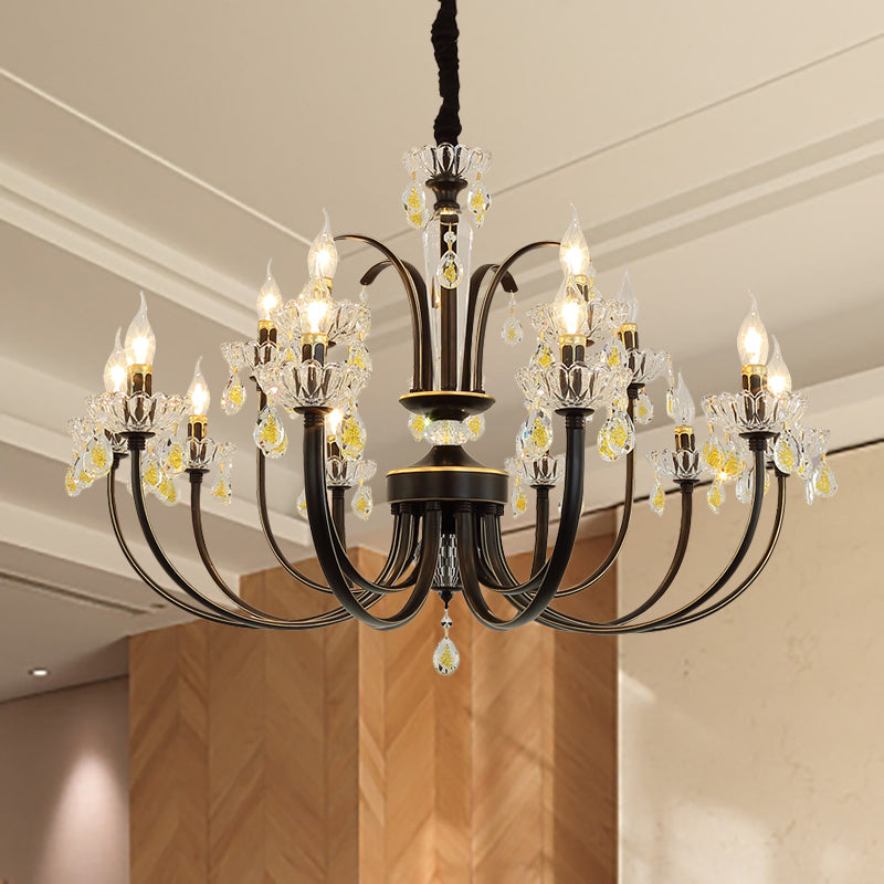Black Candle Chandelier Lamp Rustic Metal 12/15 Lights Living Room Hanging Light Kit with Crystal Accent Clearhalo 'Ceiling Lights' 'Chandeliers' Lighting' options 253201