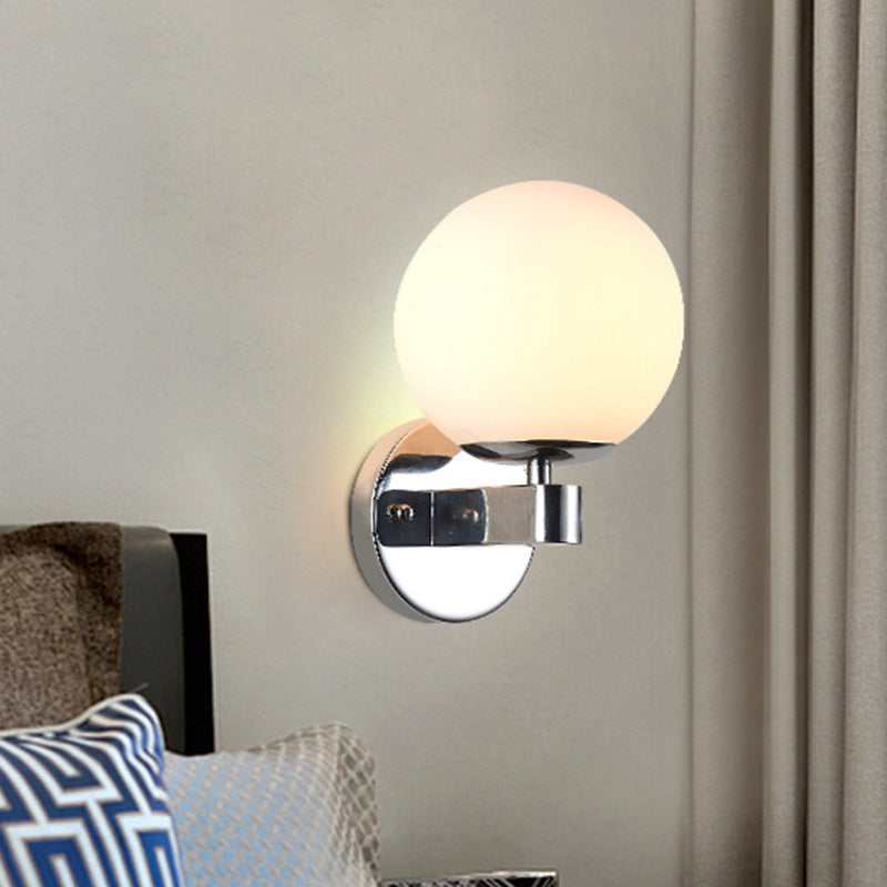Chrome/Gold Round Wall Lighting Industrial Opal Glass 1 Light Bedroom Sconce Light Fixture Chrome Clearhalo 'Cast Iron' 'Glass' 'Industrial wall lights' 'Industrial' 'Middle century wall lights' 'Modern' 'Tiffany' 'Traditional wall lights' 'Wall Lamps & Sconces' 'Wall Lights' Lighting' 253737