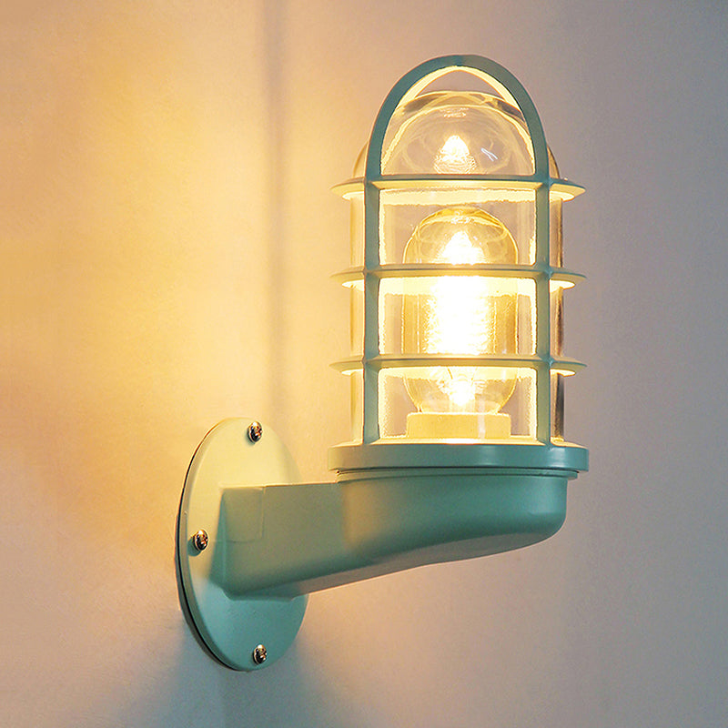 Cylinder Clear Glass Wall Mounted Lamp Industrial Single Bulb Living Room Sconce Light in Pink/Blue/Green with Cage Green Clearhalo 'Cast Iron' 'Glass' 'Industrial' 'Modern wall lights' 'Modern' 'Tiffany' 'Traditional wall lights' 'Wall Lamps & Sconces' 'Wall Lights' Lighting' 253774