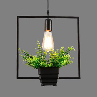1 Head Triangle/Round Hanging Light with Planter and Frame Vintage Style Black Metal Pendant Lighting for Kitchen Black Square Clearhalo 'Art Deco Pendants' 'Black' 'Cast Iron' 'Ceiling Lights' 'Ceramic' 'Crystal' 'Industrial Pendants' 'Industrial' 'Metal' 'Middle Century Pendants' 'Pendant Lights' 'Pendants' 'Rustic Pendants' 'Tiffany' Lighting' 25394
