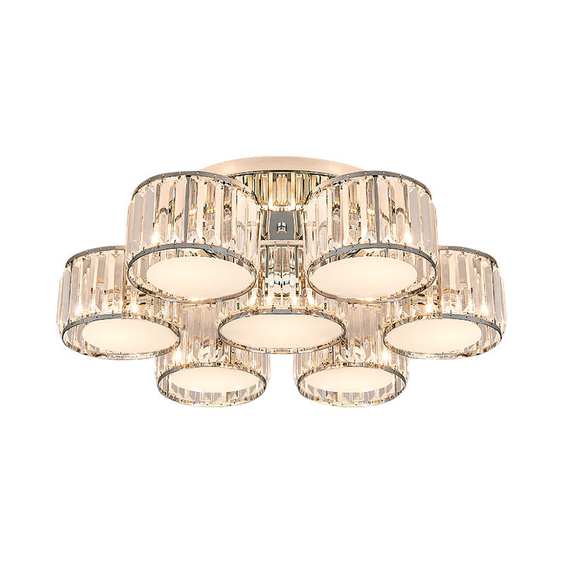 Crystal Drum Flush Mount Modernist 3/5/7 Heads Living Room Ceiling Lamp in Chrome Finish Clearhalo 'Ceiling Lights' 'Close To Ceiling Lights' 'Close to ceiling' 'Flush mount' Lighting' 254144