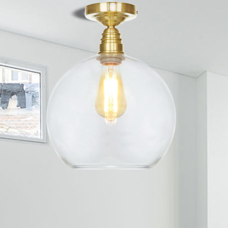 1 Light Spherical Semi Flush Light Brass Industrial Clear/Amber Glass Ceiling Mount, 8"/10"/12" Wide Clear Clearhalo 'Ceiling Lights' 'Close To Ceiling Lights' 'Close to ceiling' 'Glass shade' 'Glass' 'Semi-flushmount' Lighting' 254365