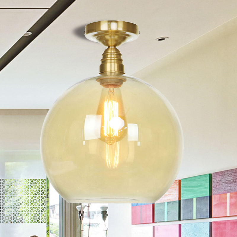 1 Light Spherical Semi Flush Light Brass Industrial Clear/Amber Glass Ceiling Mount, 8"/10"/12" Wide Clearhalo 'Ceiling Lights' 'Close To Ceiling Lights' 'Close to ceiling' 'Glass shade' 'Glass' 'Semi-flushmount' Lighting' 254368