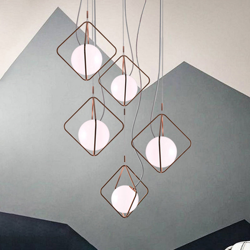 Square Suspension Light with Orb Shade Modern Metal & Glass Pendant Light in White for Living Room White Clearhalo 'Ceiling Lights' 'Glass shade' 'Glass' 'Island Lights' 'Modern Pendants' 'Modern' 'Pendant Lights' 'Pendants' Lighting' 254379