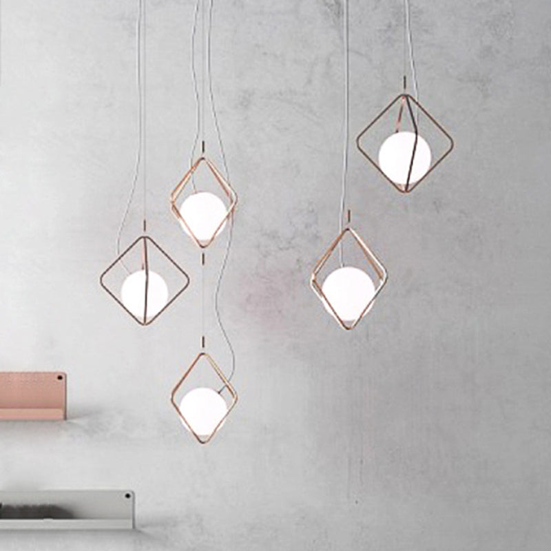 Square Suspension Light with Orb Shade Modern Metal & Glass Pendant Light in White for Living Room Clearhalo 'Ceiling Lights' 'Glass shade' 'Glass' 'Island Lights' 'Modern Pendants' 'Modern' 'Pendant Lights' 'Pendants' Lighting' 254380