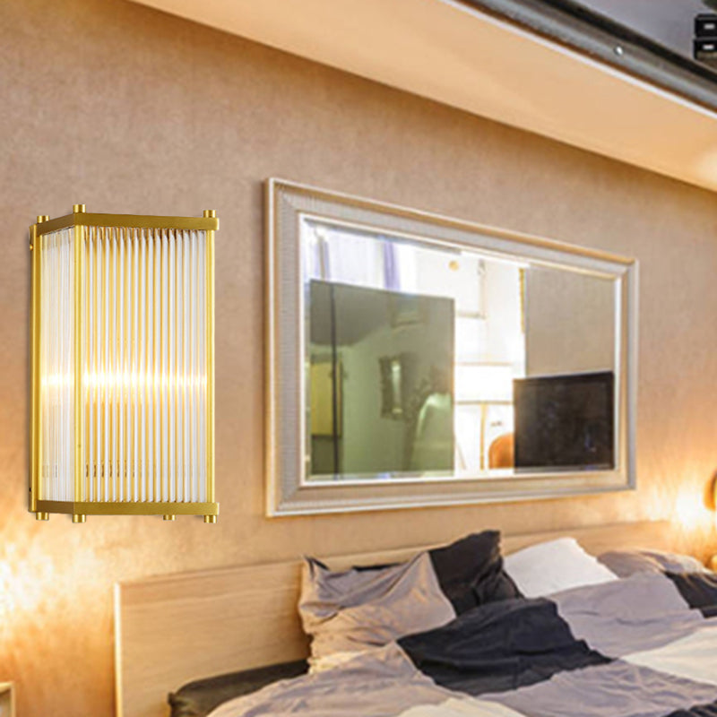 Gold Rectangular/Cylinder Wall Sconce Light Modern 1/2 Lights Fluted Crystal Wall Light Fixture for Living Room Clearhalo 'Modern wall lights' 'Modern' 'Wall Lamps & Sconces' 'Wall Lights' Lighting' 254393