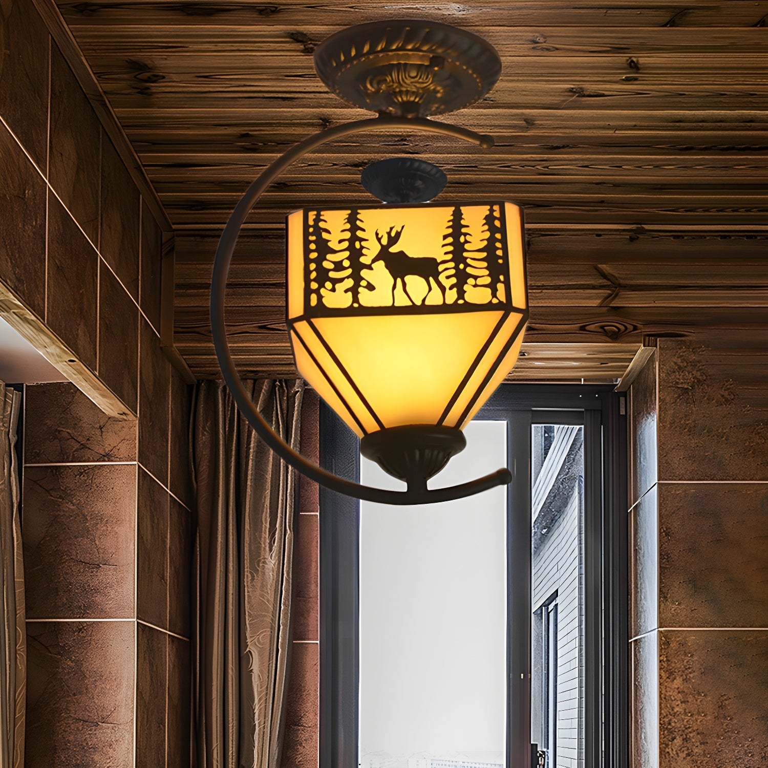 Art Glass Forest Deer Ceiling Lamp with Lodge Shade Bedroom 1 Light Rustic Semi Flushmount Light in Beige Beige Clearhalo 'Ceiling Lights' 'Chandeliers' 'Close To Ceiling Lights' 'Close to ceiling' 'Glass shade' 'Glass' 'Semi-flushmount' 'Tiffany close to ceiling' 'Tiffany' Lighting' 254420