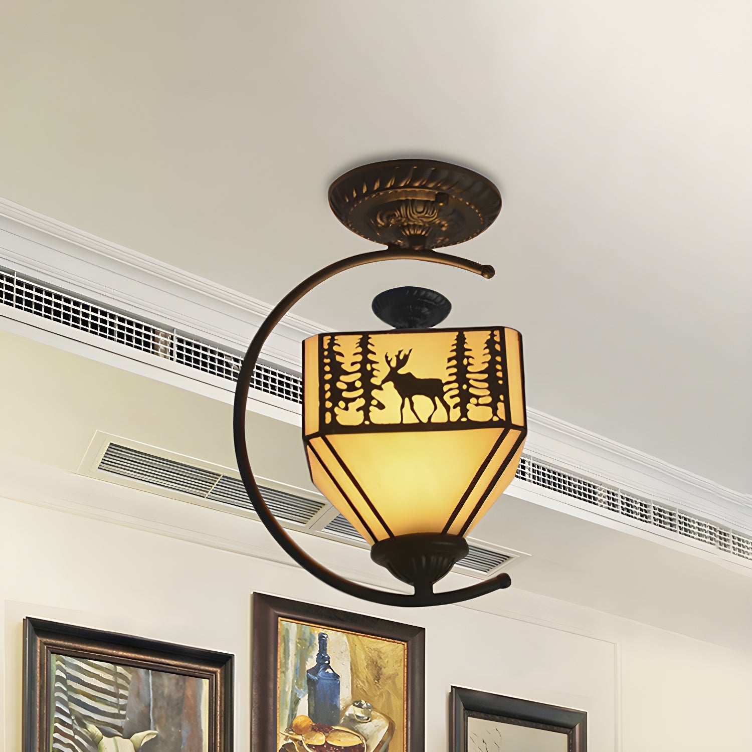 Art Glass Forest Deer Ceiling Lamp with Lodge Shade Bedroom 1 Light Rustic Semi Flushmount Light in Beige Clearhalo 'Ceiling Lights' 'Chandeliers' 'Close To Ceiling Lights' 'Close to ceiling' 'Glass shade' 'Glass' 'Semi-flushmount' 'Tiffany close to ceiling' 'Tiffany' Lighting' 254421