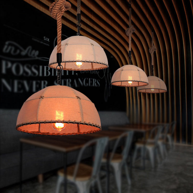 14"/18" W Dome Shade Restaurant Hanging Lamp Lodge Style Fabric and Rope Beige Pendant Light Clearhalo 'Art Deco Pendants' 'Cast Iron' 'Ceiling Lights' 'Ceramic' 'Crystal' 'Industrial Pendants' 'Industrial' 'Metal' 'Middle Century Pendants' 'Pendant Lights' 'Pendants' 'Tiffany' Lighting' 254457