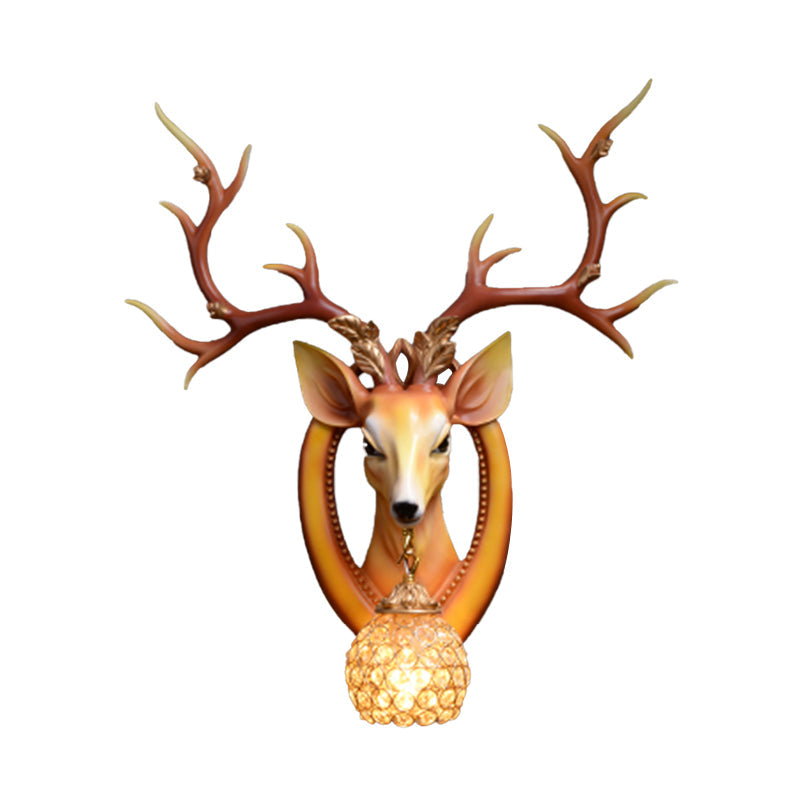 Dome Wall Light Fixture Traditional Metal and Crystal 1 Light Brown/White Sconce Light with Deer Decoration Clearhalo 'Wall Lamps & Sconces' 'Wall Lights' Lighting' 254642