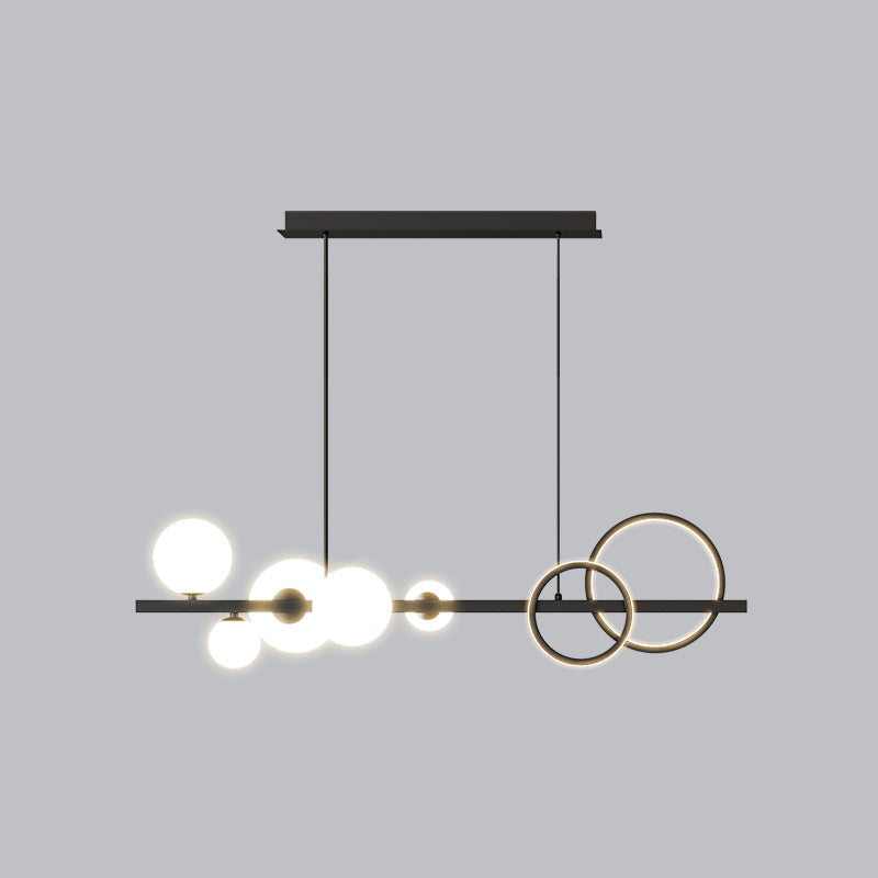 Ring and Globe Island Lamp Contemporary Glass 7-Head Hanging Light for Dining Room Black Milk White Warm Clearhalo 'Ceiling Lights' 'Glass shade' 'Glass' 'Island Lights' Lighting' 2546458