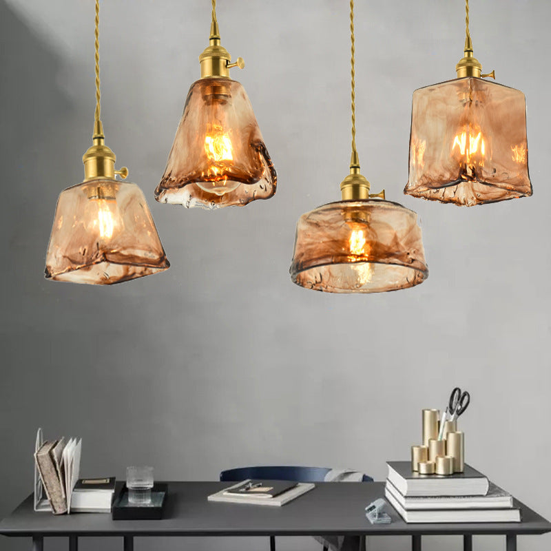 Brass Shaded Drop Pendant Vintage Handmade Tan Glass 1-Bulb Living Room Pendulum Light Clearhalo 'Ceiling Lights' 'Glass shade' 'Glass' 'Industrial Pendants' 'Industrial' 'Middle Century Pendants' 'Pendant Lights' 'Pendants' 'Tiffany' Lighting' 2546607