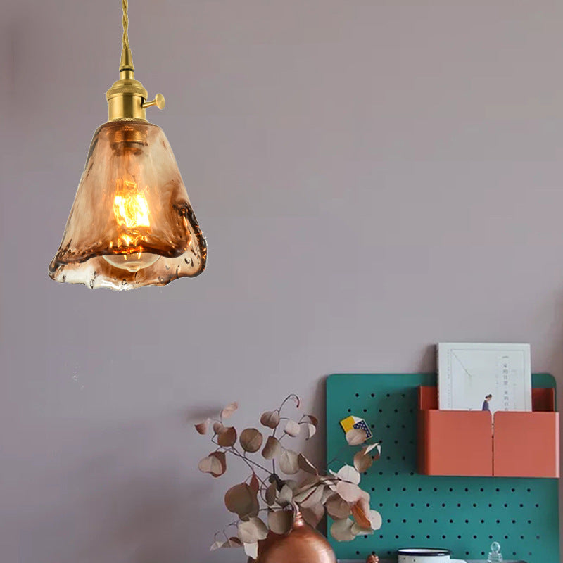 Brass Shaded Drop Pendant Vintage Handmade Tan Glass 1-Bulb Living Room Pendulum Light Clearhalo 'Ceiling Lights' 'Glass shade' 'Glass' 'Industrial Pendants' 'Industrial' 'Middle Century Pendants' 'Pendant Lights' 'Pendants' 'Tiffany' Lighting' 2546614